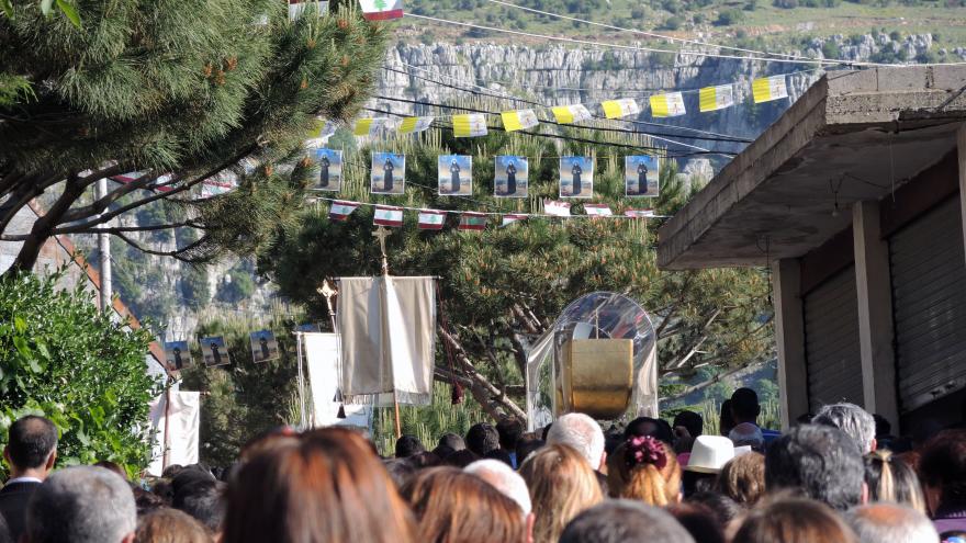 Maronite devotees carrying the remains of St. Rafka in procession in the hills above the Mediterranean Sea, Lebanon.