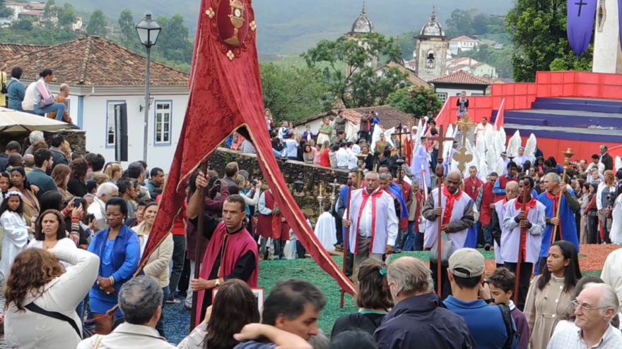 Members of confraternities garb a variety of robes to lead the Easter procession, Ouro Preto, Brazil, 2013.