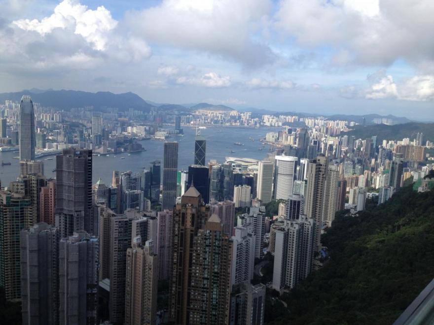 Hong Kong from Victoria peak, past Central district and across the harbor looking East.