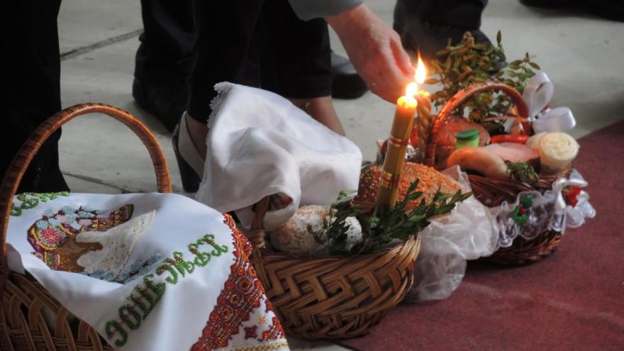 Easter baskets prepared for Saturday afternoon blessing at the chapel of Ukrainian Catholic University.