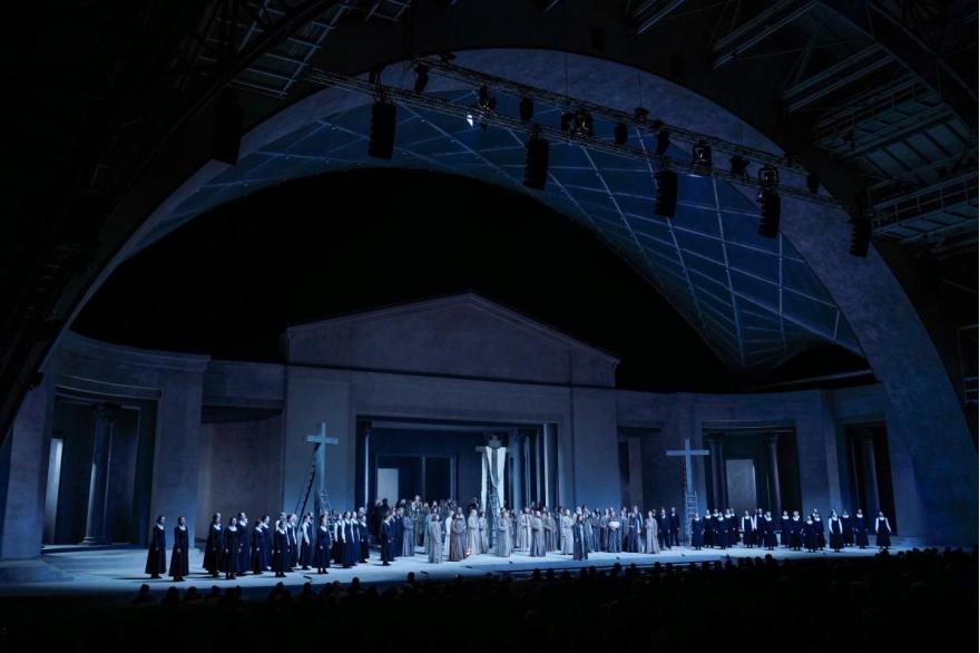 A wide view of the massive stage at the Passion Play Theater, where the final scene plays out.