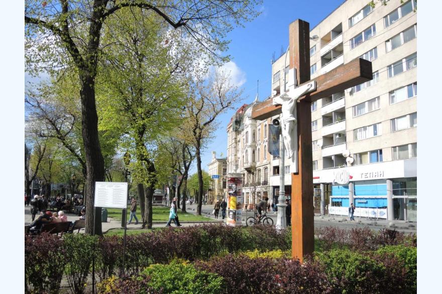 A crucifix in the park along the main thoroughfare in Central Lviv. In 1989 a statue of Lenin at the other end of the same park was the first to be toppled in the USSR.