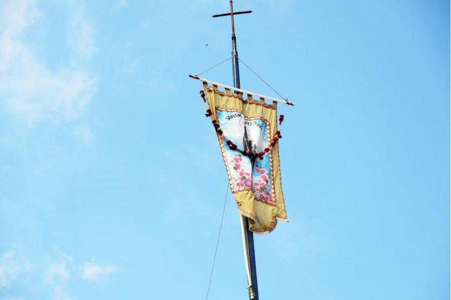 "Hail Mary" is written in Hindi on the flag that flies over the feast of Dhori Mata.