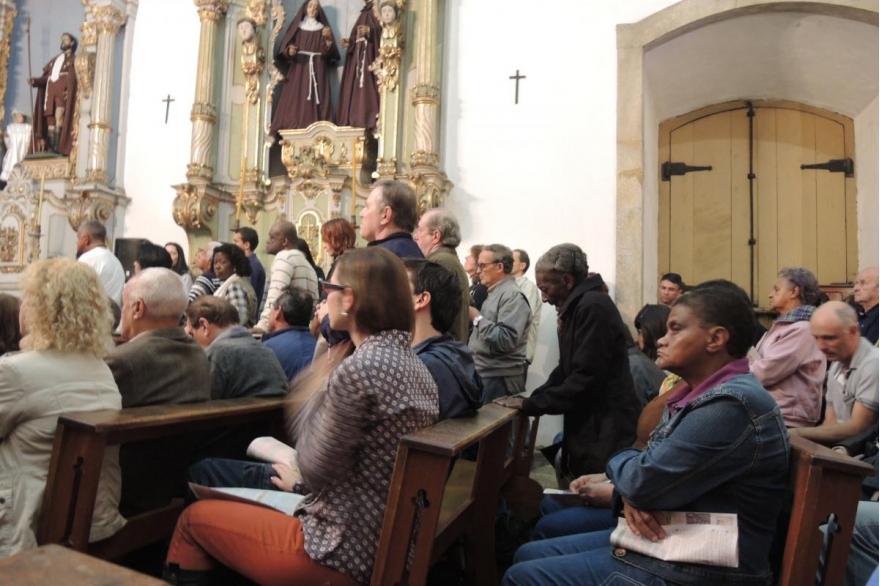 Holy Thursday services begin in St. Francis Church, a baroque church which holds a relatively small number of people.