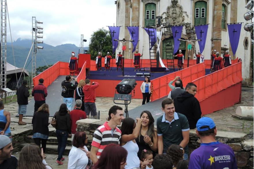 On Good Friday, a crucifix is set up throughout the day on the stage in front of St. Francis Church.