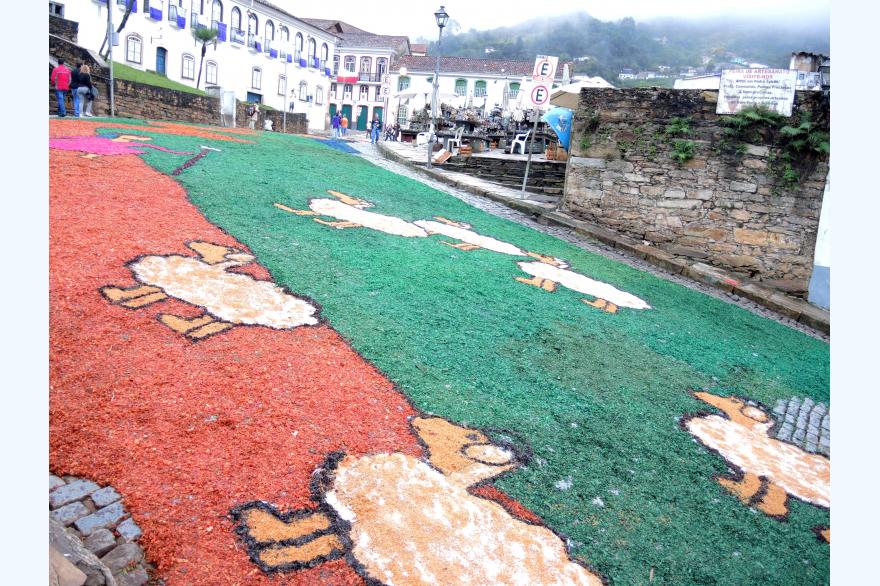 A dawn view of a section of the special tapete, or sawdust carpet, along the Easter procession route.