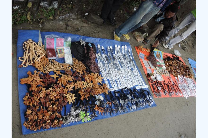 Crosses and religious goods for sale on the streets of Addis Ababa, for Orthodox and Catholics alike.