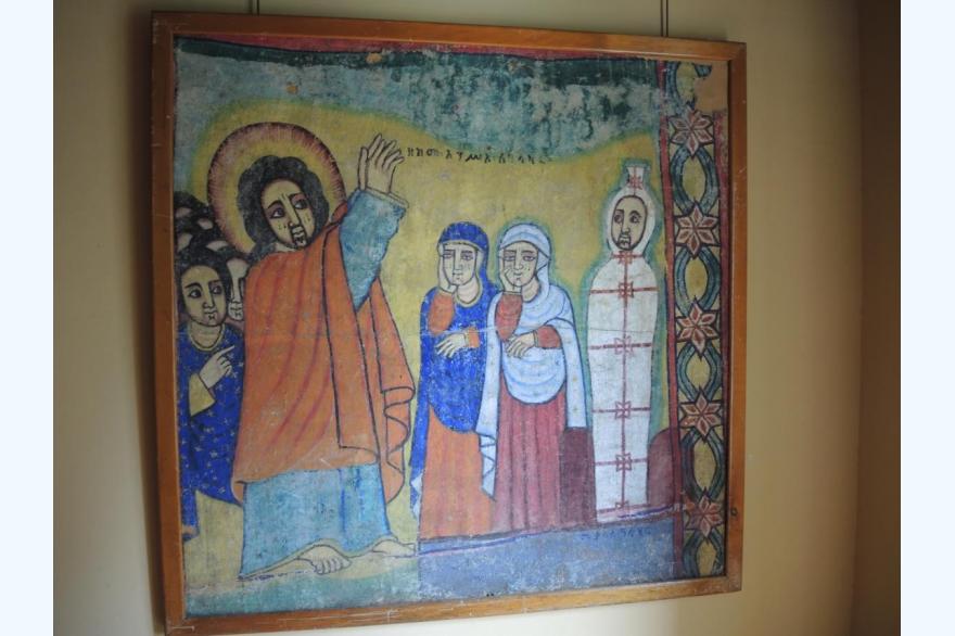 Traditional Ethiopian Orthodox iconography of Jesus, Martha, Mary, and the raising of Lazarus