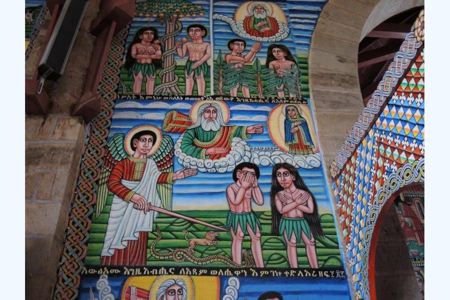 Adam and Eve are banished from the garden in this iconographic mural at St. Anthony's Catholic Cathedral in Emdibir, Ethiopia.