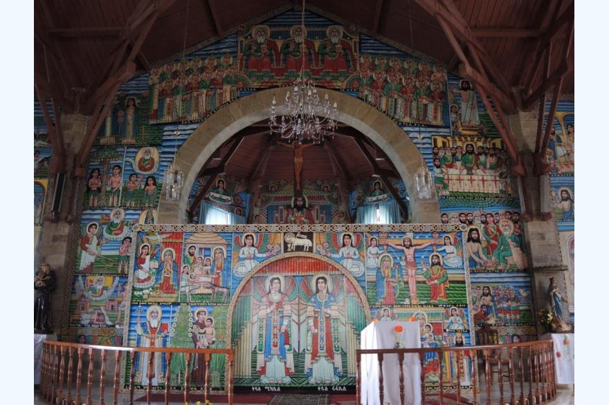 The main altar and screen at St. Anthony's Catholic Cathedral in Emdibir, Ethiopia: Unlike most Catholic churches in Ethiopia, This one follows Orthodox cues for decoration and enclosure of the sanctuary.