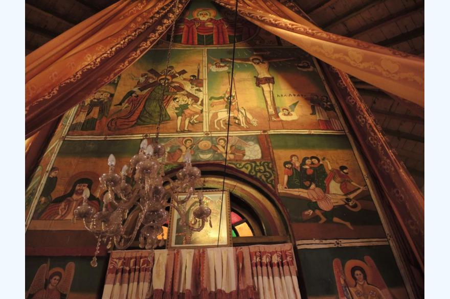 In St. Ragael's Orthodox Church, the images of the Father and the crucifixion over the central entrances to the sanctuary.