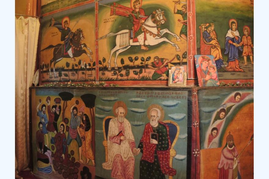 At St. Raguel, one of the oldest Orthodox churches in Addis Ababa, two images of the equestrian saints, a popular theme of saintly protectors against evil in Ethiopian Orthodoxy.