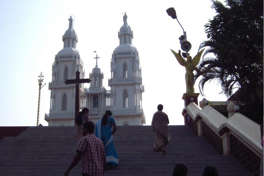 A view up the steep steps to St. Mary's Forane Kuravilangad, at dawn.