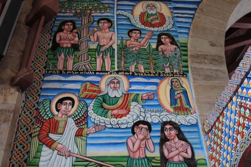 Adam and Eve are banished from the garden in this iconographic mural at St. Anthony's Catholic Cathedral in Emdibir, Ethiopia.