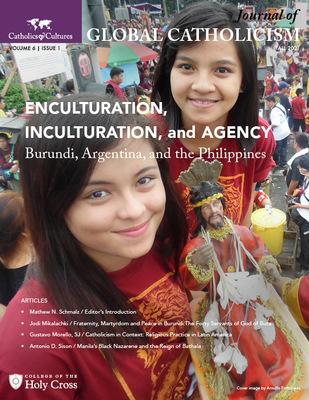 Cover of Journal of Global Catholicism features two girls displaying a small statue of the Black Nazarene before crowds at the feast in Manila.