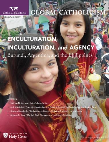 Journal of Global Catholicism cover image features two girls at the Feast of the Black Nazarene in Manila showing their small statue of the Nazarene, with crowds in the background.