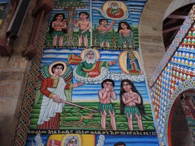 Adam and Eve are banished from the garden in this iconographic mural at St. Anthony's Catholic Cathedral in Emdibir, Ethiopia.
