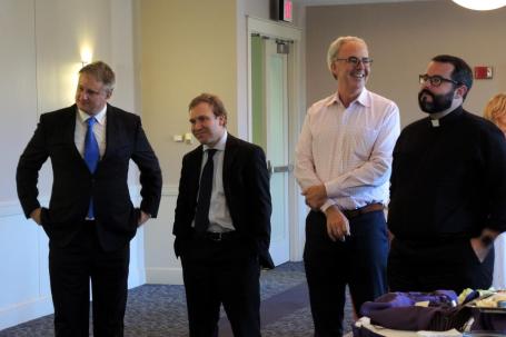 Catholics & Cultures contributors at Holy Cross include, from left, Mathew N. Schmalz, Marc R. Loustau, Thomas M. Landy and Rev. Michael Rogers, S.J.
