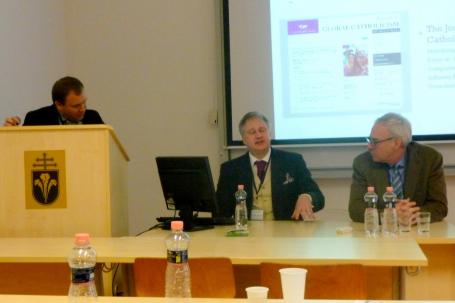 The Catholics & Cultures team (from left) Marc Loustau, Mathew Schmalz, and Thomas Landy engage in discussion at the conference "Lived Catholicism from the Balkans to the Baltics."